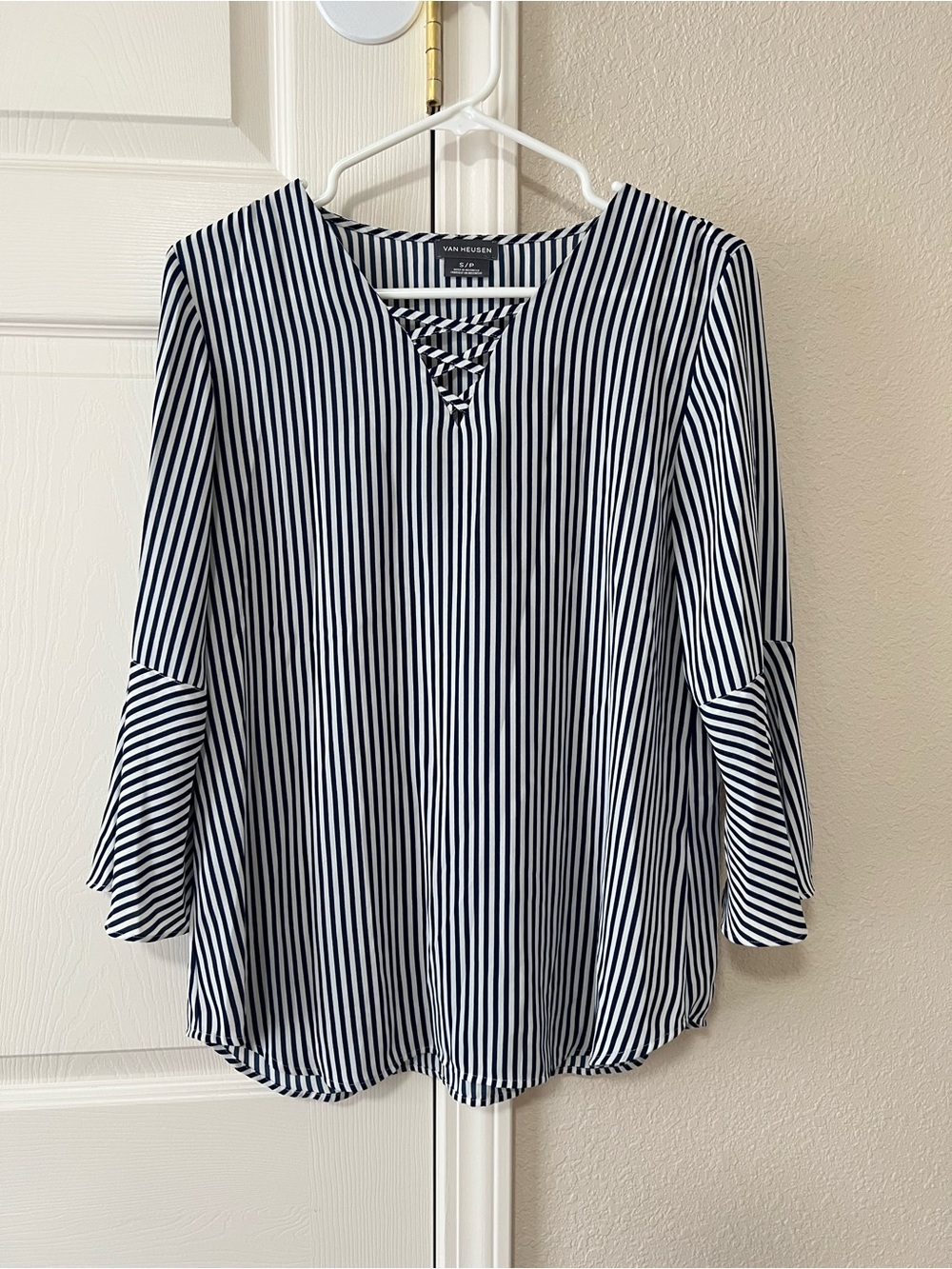 Van Heusen Navy White Striped Bell Sleeve Blouse Size Small